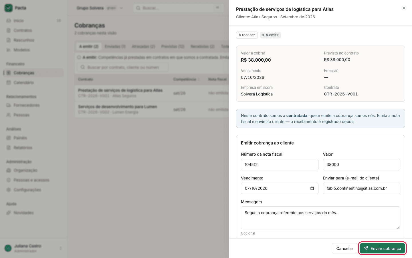 Tela de Cobranças A receber com o formulário Emitir cobrança ao cliente aberto
