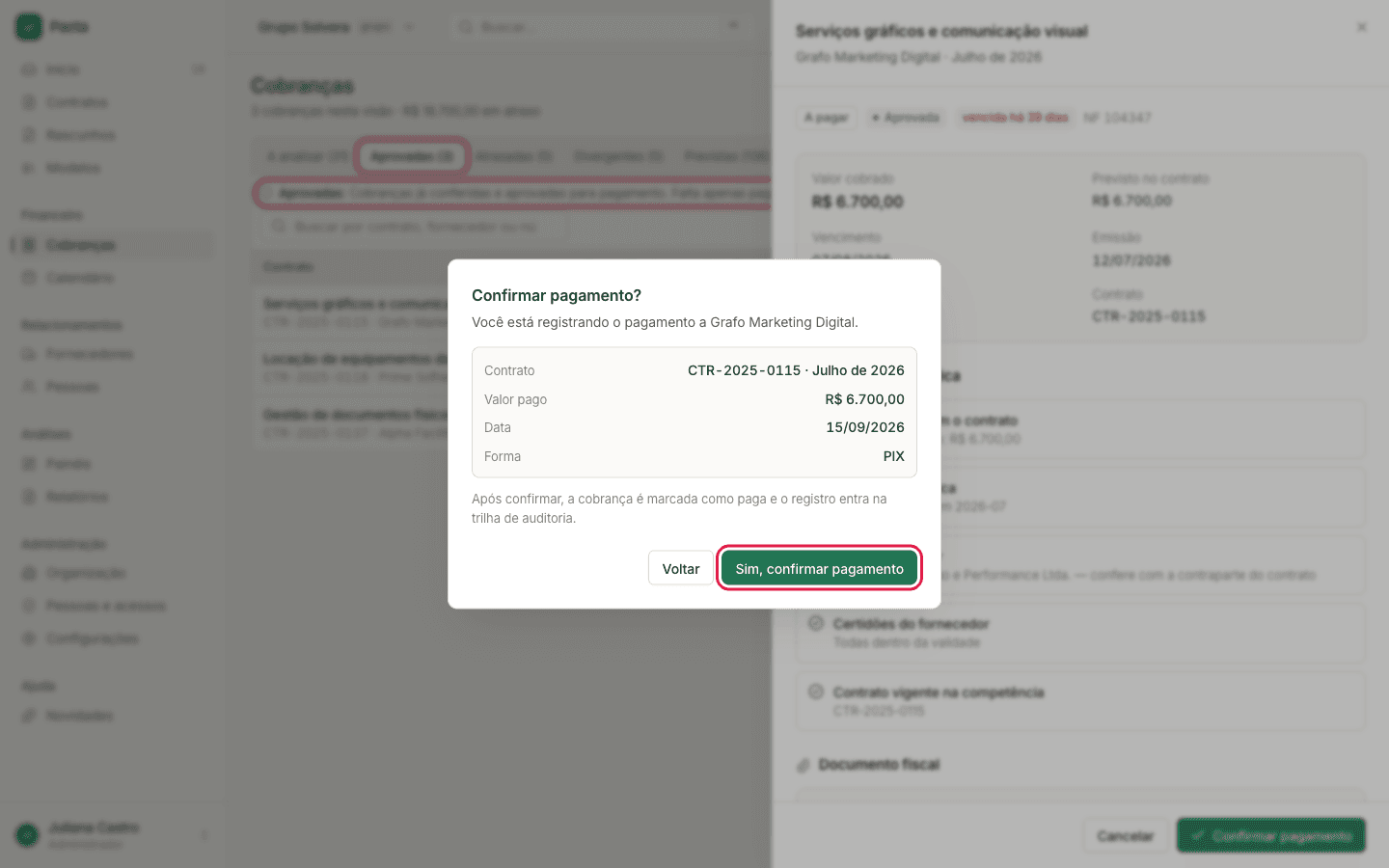 Janela de confirmação de pagamento com o resumo do valor, data e forma de pagamento
