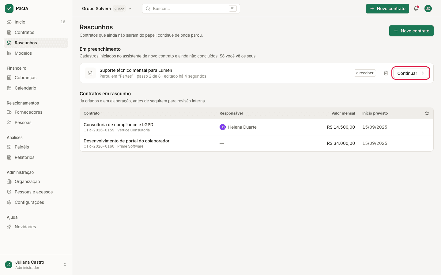 Tela de Rascunhos com um contrato em preenchimento e o botão Continuar