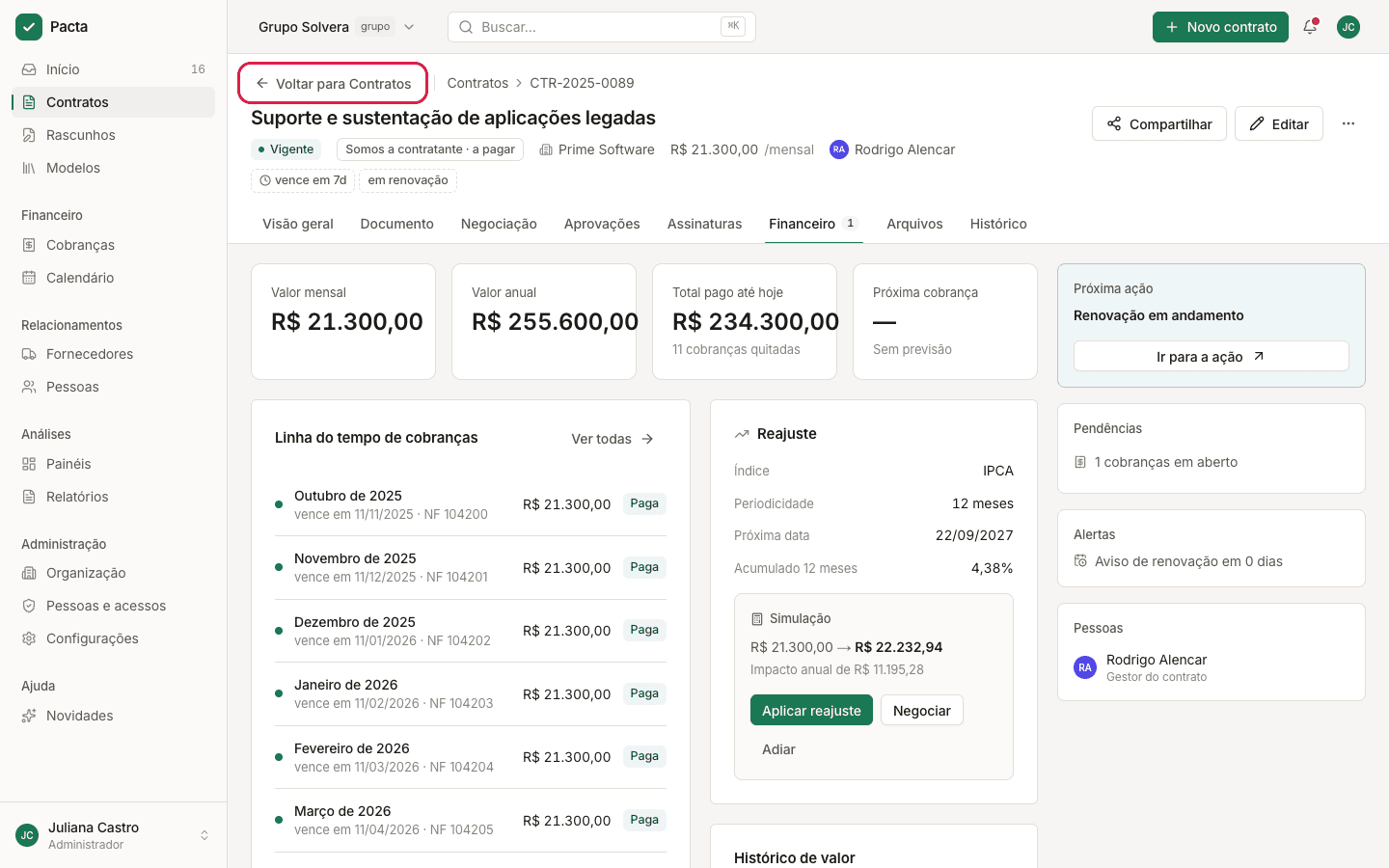 Topo da página de um contrato com o botão Voltar para Contratos destacado